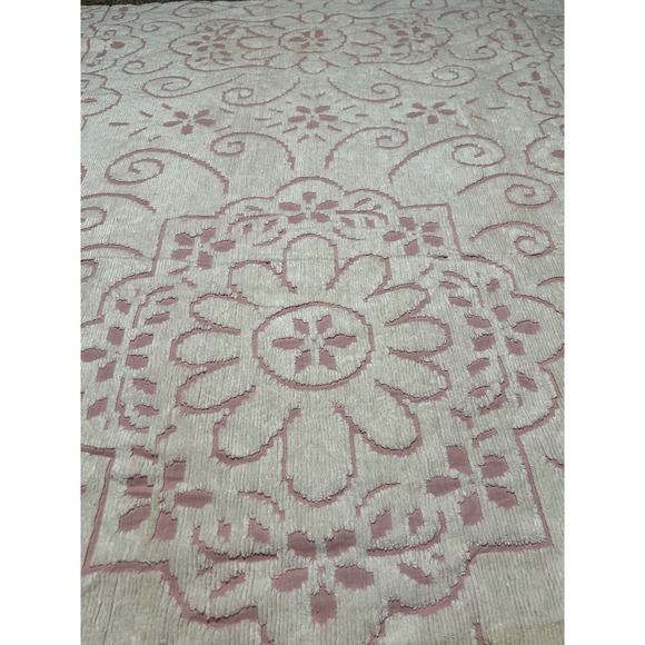 Vintage Chenille Blanket Cream Pink Fringe Tassels Cozy Boho Home Decor 88x101